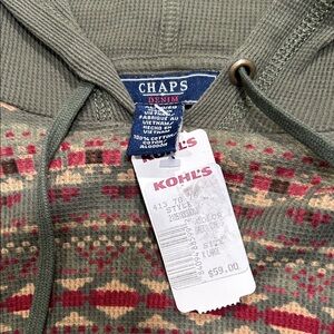 Chaps Olive Green Hooded Knit with Red and Tan Fair Isle